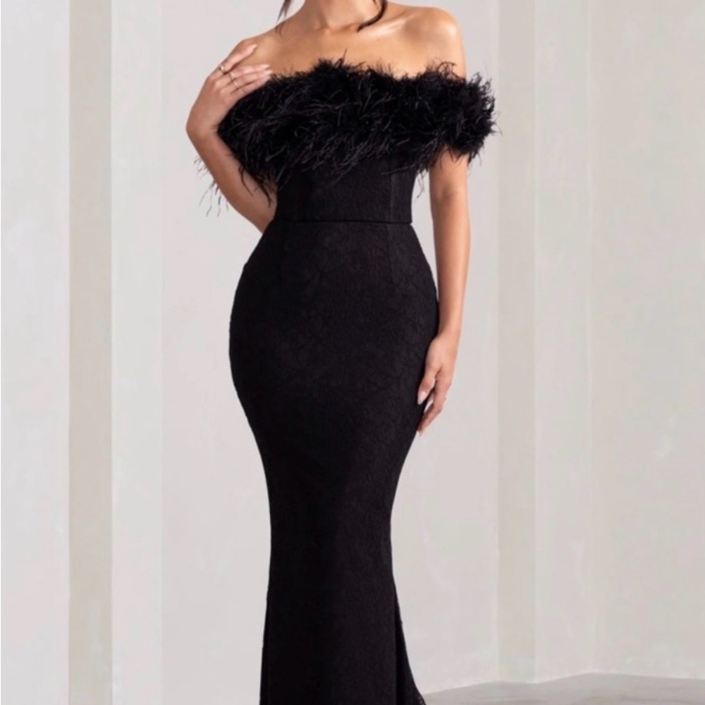 🖤Club L London Idyll Lace Bardot Feather Fishtail Maxi Dress | Size 2 |